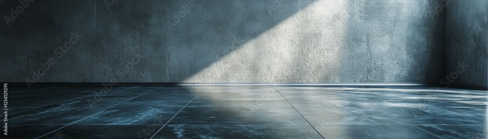 Poster empty room with polished dark stone floor and textured walls reflecting light