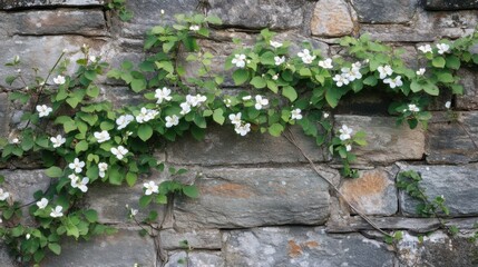 Obraz premium White Flowers Blooming on a Stone Wall