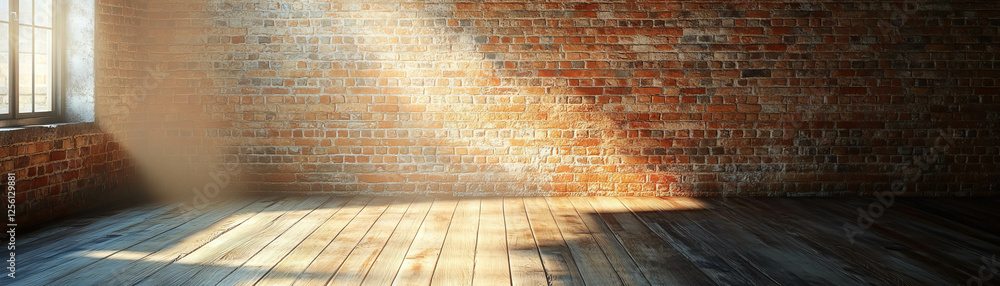 Poster softly lit empty room with textured brick walls and wooden floor creating an inviting atmosphere