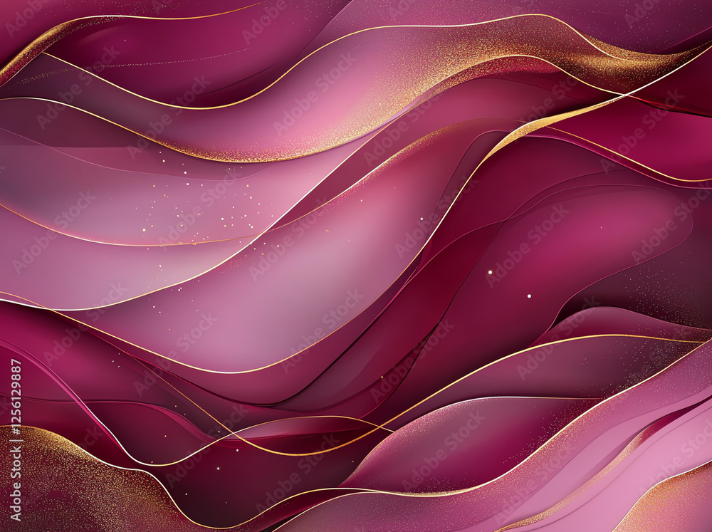 Poster abstract burgundy background with flowing waves and gold lines, creating sense of elegance and depth