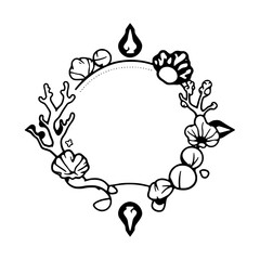 Simple, Black and White, Circular, Floral, and Sea-Life themed Wreath/Illustration.