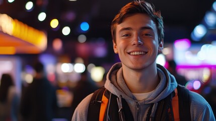 Vibrant evening with a joyful young man in a lively entertainment hub filled with colorful lights