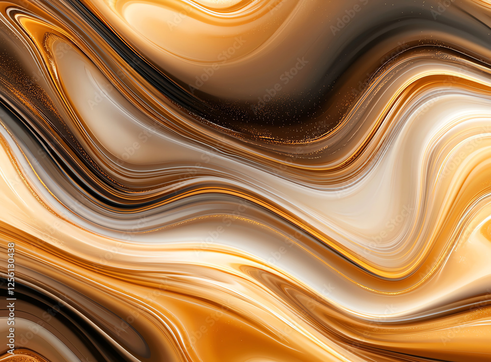 Poster fluid acrylic background with flowing patterns in brown and yellow hues, creating warm and dynamic v