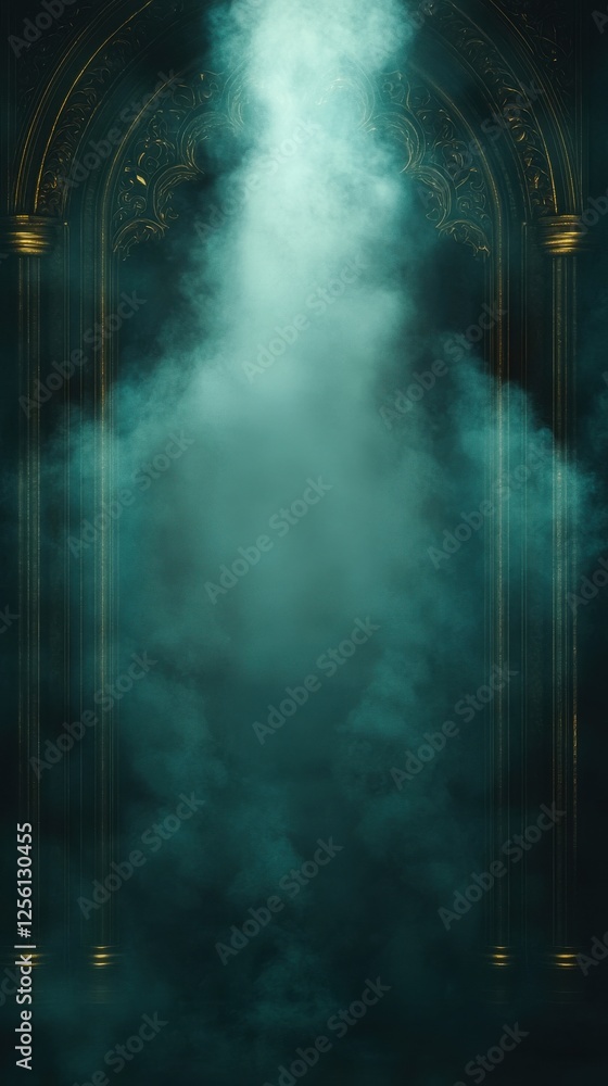Poster mysterious fog emanating from ancient archway enigmatic setting digital art ethereal ambiance