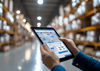 hand holding tablet displaying warehouse management interface, showcasing inventory and logistics. background features shelves filled with boxes, creating busy storage environment