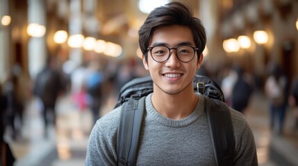 Fototapeta premium Smiling traveler with glasses in a grand hallway filled with people during a lively afternoon adventure