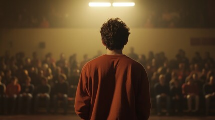 Young man giving speech, large audience, indoor hall, presentation