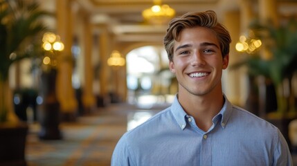 Fototapeta premium Young man smiles confidently while standing in a grand hotel hallway decorated with elegant lighting and lush greenery