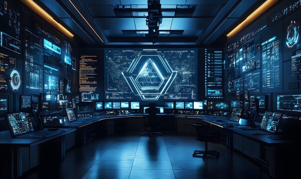 A futuristic control room with numerous screens displaying data and a large central monitor - Powered by Adobe