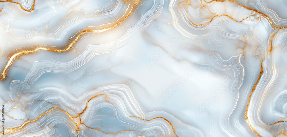 Poster panoramic view of abstract marble pattern featuring soft blue tones and elegant golden veins, creati