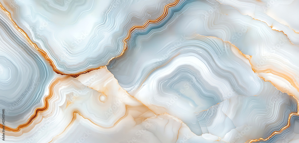Poster panoramic view of abstract marble pattern featuring soft blue and white swirls with golden accents, 