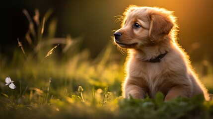 A golden retriever puppy sitting in a sunlit meadow, soft fur shimmering under the golden hour light, tiny dewdrops on the grass reflecting the warm hues 
