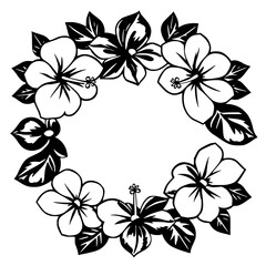 Wreath of Hibiscus Flowers and Leaves, Black and White Design on a White Background.