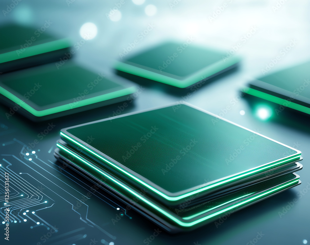 Aufkleber high tech computer processors with green accents on circuit board. image showcases modern technology