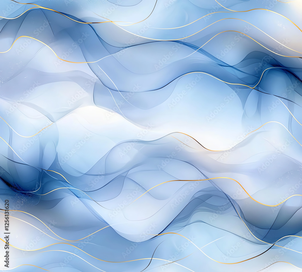 Poster soft blue background with gentle watercolor waves and delicate golden lines creates serene and calmi