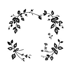 Floral arrangement of branches and leaves in black and white on white, with curved arches, elegant, simple, and decorative.