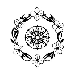 Floral Wreath and Mandala: Black and White Floral Composition with a Circular Design.