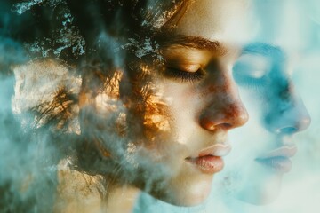 Fototapeta premium double exposure portrait merging woman's face with abstract elements, muted colors, ethereal lighting, contemporary digital art