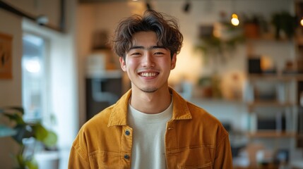 Young man with curly hair smiles warmly in a cozy indoor setting filled with greenery and soft lighting