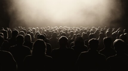Audience watching show, stage light, smoky theater