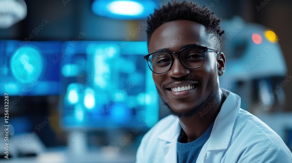 Poster innovative scientist smiling confidently in a high-tech lab while surrounded by advanced research eq