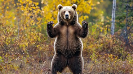 Obraz premium Powerful Brown Bear Standing Upright in Lush Autumn Forest