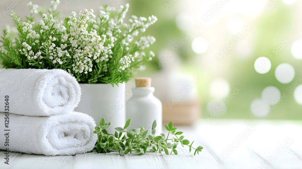 Poster white towel and flowers in a vase in a tranquil spa setting with soft ambient lighting and greenery