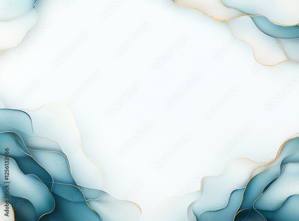 Poster abstract background featuring soft blue and white waves with golden accents, creating serene and ele