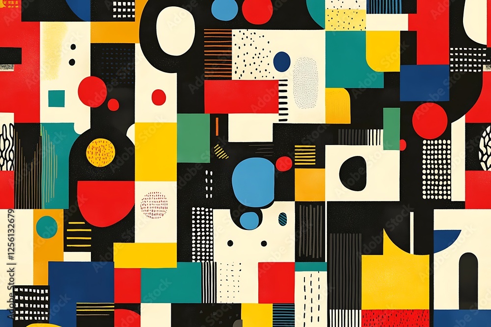 Poster abstract geometric pattern with vibrant colors and various shapes.