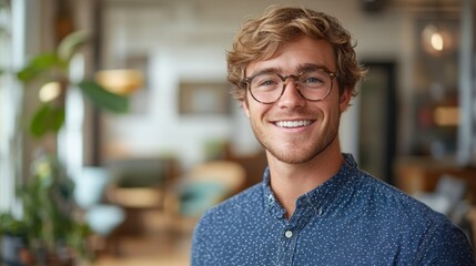Young man smiling warmly in a cozy indoor cafe during the afternoon with plants and decor in the background