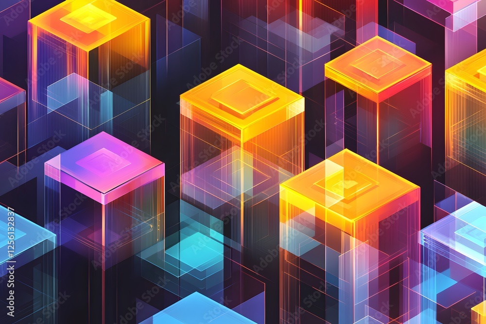 Poster abstract digital cityscape: a mesmerizing geometric pattern with vibrant, glowing cubes of various c