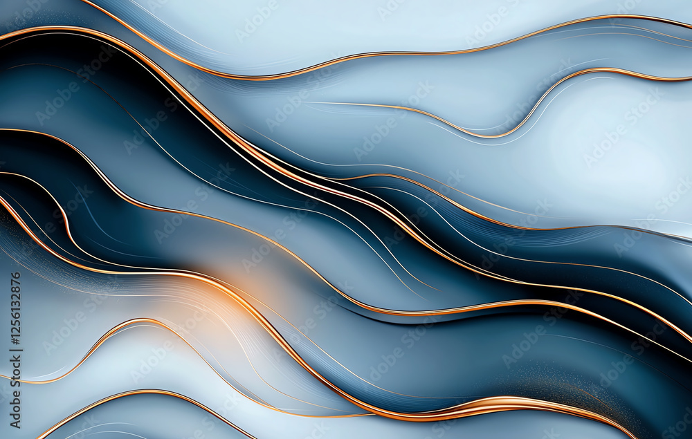 Poster abstract background featuring flowing blue and white waves with gold accents, creating serene and mo