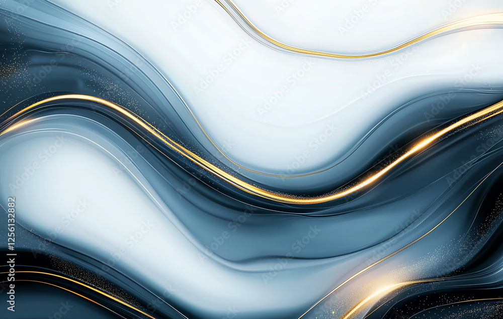 Poster abstract background featuring flowing blue and white waves with gold accents, creating serene and el
