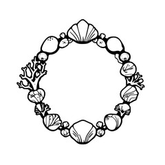 Elegant Black and White Ornamental Ring of Seashells, Coral, and Starfish in a Circular Frame.