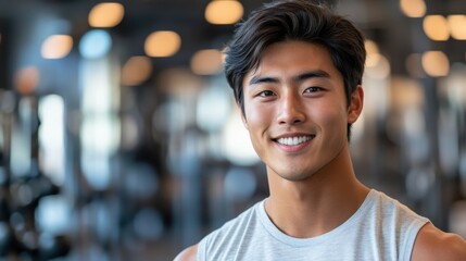 Fototapeta premium Smiling young athlete shows confidence and determination inside a modern gym during a fitness training session