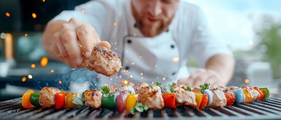 Chef Preparing Colorful Grilled Skewers Outdoors using Various Ingredients