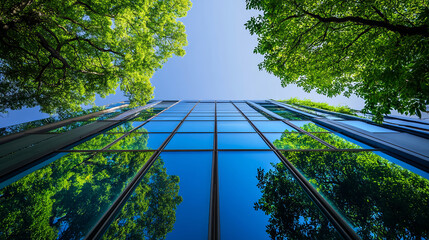 business template ,Modern office buildings with blue sky,Office with green environment. Corporate building reduce CO2	
