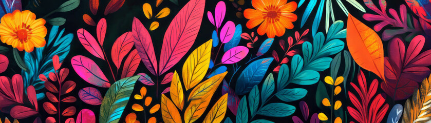 Floral pattern featuring stylized leaves and contrasting shapes on a bright background