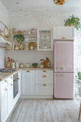 Bright and airy modern kitchen featuring a pastel pink refrigerator, sleek white cabinetry, and beautiful decor that enhances the inviting atmosphere. Perfect for culinary creativity