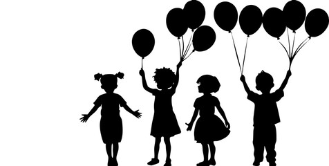 Children holding balloons silhouette. Silhouette of children holding a bunch of balloons.