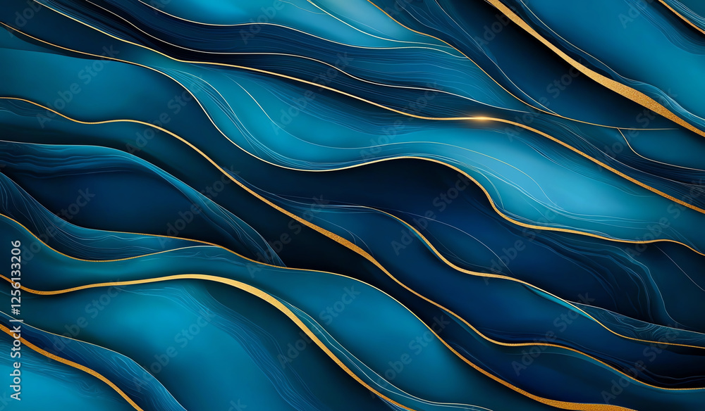 Poster abstract background in alcohol ink technique featuring flowing blue waves with golden accents, creat