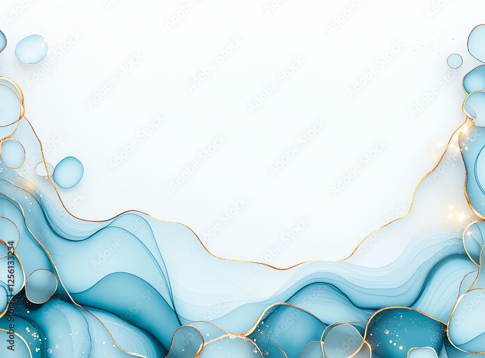 Poster abstract background featuring fluid shapes in blue and gold tones, creating serene and elegant atmos