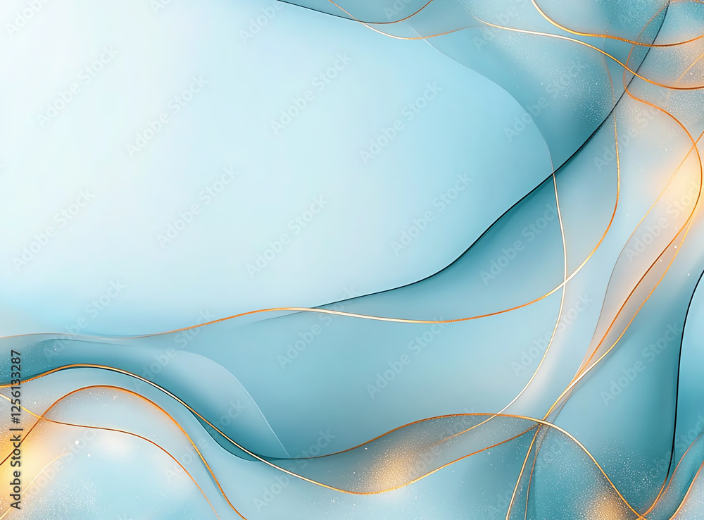 Aufkleber soft blue abstract background with flowing waves and golden accents, creating serene and elegant atm
