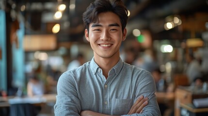 Fototapeta premium Young man smiles confidently while standing in a modern coworking space filled with people busy at work