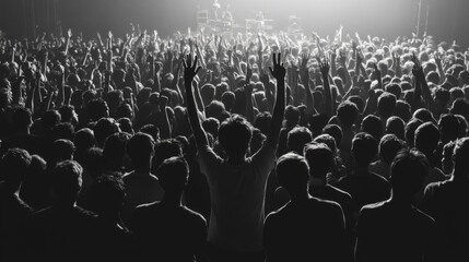 Obraz premium Crowd at concert, hands raised, stage lights