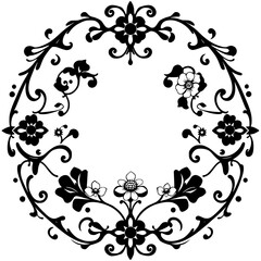 Floral Wreath: Black and white vector, ornamental circle, floral pattern.