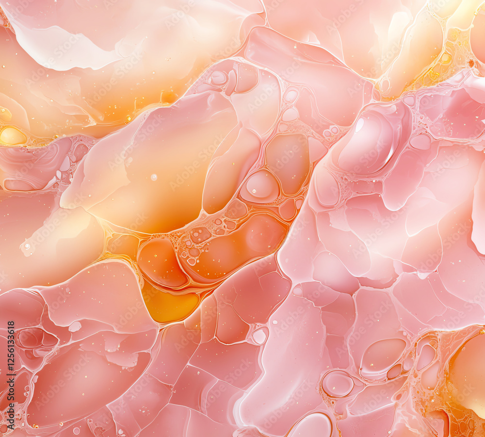 Poster abstract background in soft pink and gold tones, featuring fluid shapes and textures that create dre