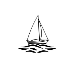 Black and White Sailboat Illustration: A minimalist, outlined sailboat on rippling waves, against white.