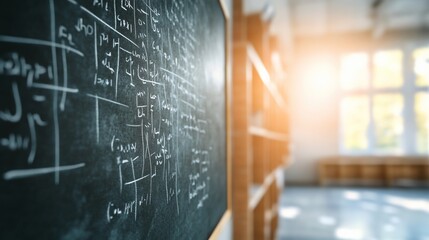 Classroom chalkboard equations, education, sunlight.  Stock photo.