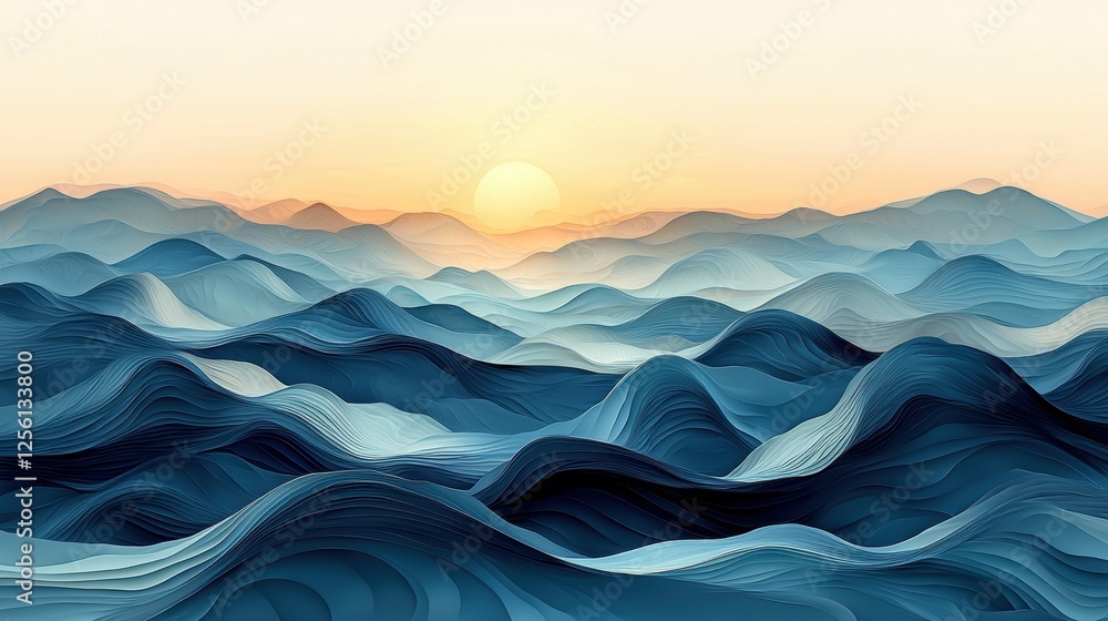 Poster abstract landscape with layered waves and a sunrise in soft colors.